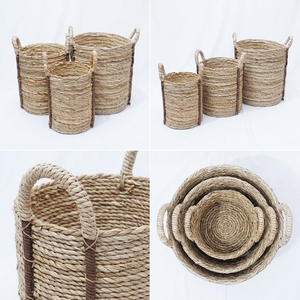 Natural Banana Bark Recycled <b>Plastic</b> <b>Basket</b> Set Cylinder Arch Handle Tall Pot Planter Pure Art Setup Room Decor Art Craft Setup - Product Image 2