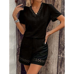 Ensemble deux pièces pour femmes, chemisier à manches courtes et col en V et short, 37650 - Noir - Product Image 4