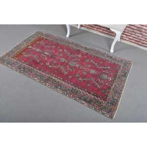 Turkish Vintage Rug, <b>Runner</b> 0.3x5.7 ft (8x175 cm) Rug, <b>Red</b> Floral Wool Rug - Product Image 2