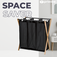 Panier à linge double pliable minimaliste avec cadre métallique en toile noire pour organiser les vêtements, à utiliser dans la cuisine ou la salle de bain