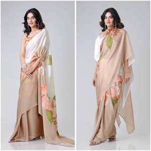 Saree en soie crêpe lourd indien exclusif à la mode broderie impression belle fantaisie élégante pour les occasions de fête prêt à porter - Product Image 2