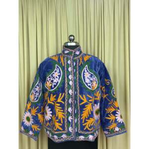 Boho Chic Retro Chic Free Size Robe Hand Embroidered Blue Floral Velvet Suzani <b>Jacket</b> Open Front Winter Coat Soft Free Size Robe - Product Image 2