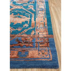Tapis en laine et soie de bambou noué à la main bleu Viscaya, motif médaillon rectangulaire, patchwork abstrait pour la maison, le couloir, la chambre - Modèle Srb(777) - Product Image 4