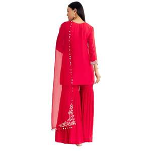 Traje Sharara de seda Dola Threadwork Moti rojo con Organza Dupatta para fiesta festiva boda india y ropa tradicional - Product Image 5