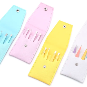 Alicates para cejas de acero inoxidable con logotipo personalizado de alta calidad, pinzas para Borde de cuchillo con punta plana biselada, bolsa de cuero PU para pestañas - Product Image 5