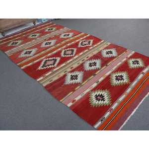 Tapis turc vintage, grand tapis de 5,4 x 11 pieds, tapis patchwork rouge et blanc - Product Image 1