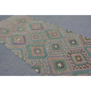 Tapis de support en Latex écologique en laine marron vert Kilim Vintage 5x10 pieds Patchwork motif plat tissage Technique salle à manger - Product Image 4