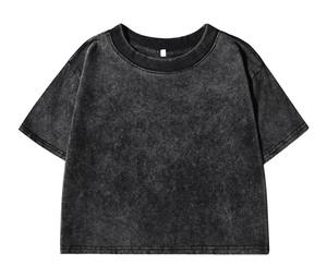 Femmes été décontracté 100% coton haut court ample col rond lavé Vintage à manches courtes t-shirts Style de rue solide haut court - Product Image 1