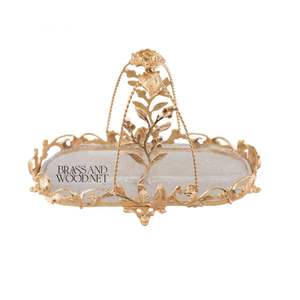 Bandeja de servicio decorativa de latón dorado de lujo con base de cristal, diseño floral adornado, centro de mesa hecho a mano para el hogar clásico - Product Image 2