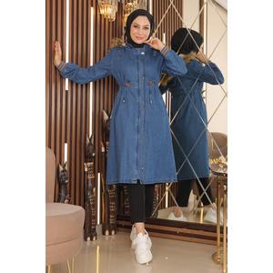 Mega Merchant Gabardina Larga de Mezclilla con Capucha Desmontable, Prenda Exterior Informal, Transpirable, de Manga Larga - Product Image 1