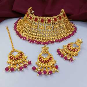 Fabricación india de alta calidad nupcial cristal Kundan gargantilla collar pendiente y Maang Tikka conjunto de joyería de moda india para mujer - Product Image 3