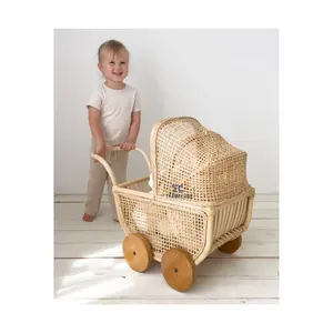 Rattan Dolls Pram Wooden Wheels For Teddies Or Dolls Pram Baby Stroller