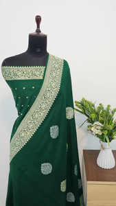 Auténtico Sari Monga Kadhwan Puro, Hecho a Mano, Tejido a Mano, con Patrones Tradicionales, Protección Solar, Secado Rápido, Suave, Ligero, para Fiestas - Product Image 6