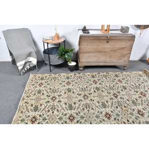 Alfombra turca vintage de área grande, 4,6x7,6 pies, clásica, Beige, verde, patrón de retazos, Material de lana, respaldo de látex para dormitorio, pasillo - Product Image 2