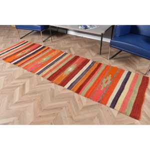 Vintage Turkish Kilim Rug 2.6x9.2 ft (80x279 cm), <b>Red</b> Floral <b>Wool</b> Rug - Product Image 5