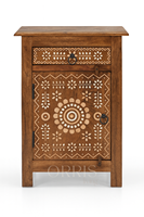 Table de chevet en bois de manguier sculpté à la main, 1 tiroir, style moderne, motif floral, artisanat indien traditionnel, élégante, pour appartement ou école