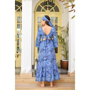 Vestido Largo Estampado Paisley Azul para Mujer con Pañuelo para la Cabeza, Vestido Largo Étnico Bohemio de Manga Larga para Verano - Product Image 4