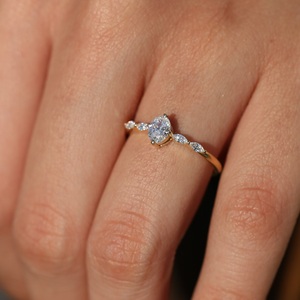 6x4mm Oval Cut Moissanite Engagement <b>Ring</b> with Marquise and Round Side Stones | <b>Dainty</b> Wedding Jewelry - Product Image 2
