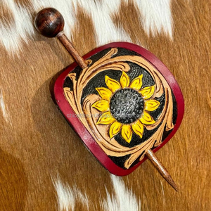 High Quality Western Genuine Leather Women Barrette <b>Clips</b> New Handcrafted <b>Tooled</b> Leather Vintage Hair Stick Sunflower Hair Stick - Product Image 2