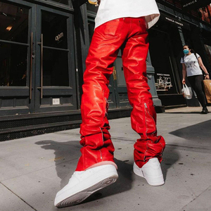 OEM Custom Logo Pu <b>Leather</b> Streetwear High Waist Zipper Pants <b>Flare</b> Sweat <b>Leather</b> <b>Trousers</b> Custom Stacked Faux <b>Leather</b> Pants Men - Product Image 4