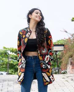 Veste d'hiver bohème longue à manches longues pour femme noir teint brodé 100% coton avec méthode de tissage non tissé - Product Image 3