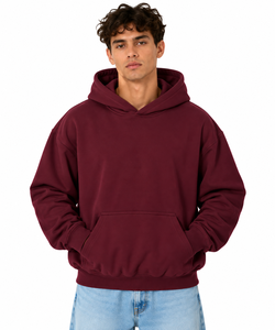 Sweat-shirt à capuche surdimensionné pour homme en polaire, couleur unie, avec poche, style décontracté, pour l'hiver, bordeaux, ODM, polyester/coton - Product Image 1