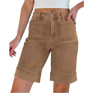 Haute qualité longue extensible taille haute à la mode été Bermuda Shorts poche plaquée décontracté Style Vintage Shorts à la mode - Product Image 1
