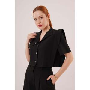 Conjunto de Dos Piezas para Mujer Lustrin: Blusa Negra con Bolsillos y Botones y Pantalones con Detalle en la Rodilla - Mezcla de Poliéster y Viscosa, Estilo Casual - Product Image 2