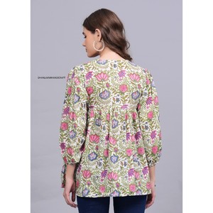 Robe courte d'été en coton indien faite à la main pour femmes imprimé floral asymétrique décontracté dentelle décoration naturel écologique - Product Image 6