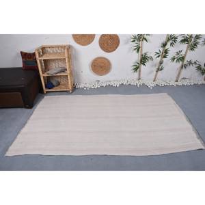 Tapis Turc Vintage Moderne 4.4 X 7.1ft Classique Beige Patchwork Design Laine Viscose Matériau Latex Support pour Salon - Product Image 1