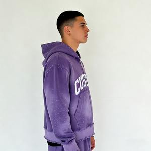 Sudadera Personalizada con Efecto Desgastado, Parche Bordado, Pedrería, Cierre, Lavado Ácido, Estilo Vintage, Felpa Francesa, Sudadera con Capucha Urbana para Hombre - Product Image 3