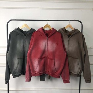 Hot Selling Manufacturer Custom Vintage Acid Wash Sun Fade Embroidery Distressed Men's Embroidery <b>Hoodie</b> - Product Image 2