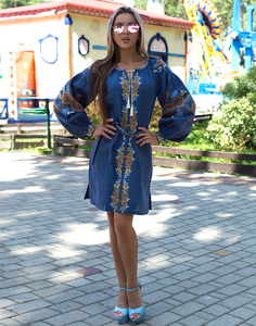 Robe d'été Kaftan pour femme, 100% Lin, longueur genou, à manches longues bouffantes, brodée, style ethnique ukrainien, élégante et décontractée, pour les fêtes - Product Image 2