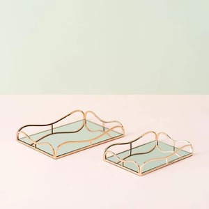 Bandeja de servicio de espejo y acero inoxidable antiguo de gran demanda con asas doradas seguras para alimentos - Product Image 2