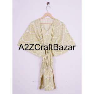 Vestido Kaftan Midi de Algodón 100%, Cuello en V, Manga Corta, Ajustado, con Volantes, Estampado Floral Bohemio, Corte Regular, Transpirable, Lavable, para Primavera - Product Image 1