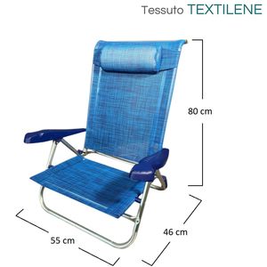 Sedia da spiaggia blu 100kg in alluminio con poggiatesta reclinabile e braccioli pieghevole e blu Textilene capacità 100kg - Product Image 2