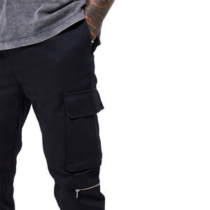 Pantalon cargo pour homme de qualité supérieure, 100% coton, couleur noire, avec cordon de serrage à la taille et poches cargo zippées - Product Image 3