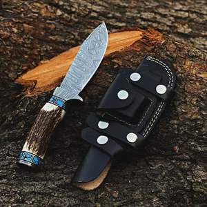 Cuchillo de Caza de Acero de Damasco 2024, Más Vendido, Alta Calidad, al por Mayor, Mango de Asta de Ciervo Hecho a Mano, Funda de Cuero Fino, Estilo Vikingo, OEM - Product Image 4