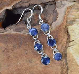 Zafiro azul 925 Plata de Ley Piedra preciosa Diseñador hecho a mano Pendiente personalizado para mujer Joyería de perforación fina personalizada - Product Image 3