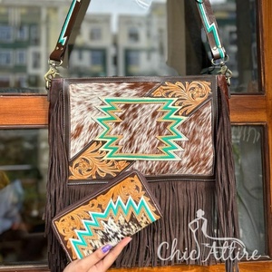 Nouveau véritable sac à main en cuir de fourrure de vachette usiné à la main occidental femmes sac de soirée élégant et pochette en fourrure usinée ensemble Combo Unique - Product Image 1