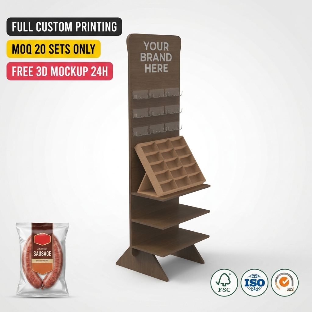 Custom Wooden Sausage Display Stand Mobile Deli Charcuterie Rack Supermarket Meat Snack Floor Merchandiser FSDU Butchery Shop — view 1