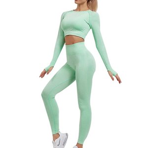 <b>Women's</b> Seamless Yoga Set Long Sleeve Active Wear Gym Clothing Sport Suit with <b>Cropped</b> Shirts & <b>Leggings</b> Washed Technics - Product Image 1