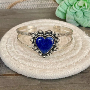 Sterling Silver Heart Shaped Cuff <b>Fine</b> <b>Bangle</b> with Lapis Gemstone - Product Image 1