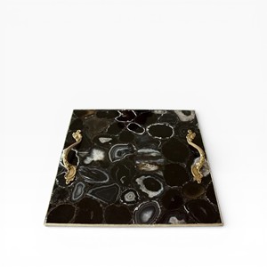 Rectangular Natural Brown Agate Stone Serving Tray with Polished Crystal <b>Mosaic</b> Surface and Elegant Gold Metal Side Handles - Product Image 3