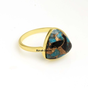 <b>925</b> <b>Silver</b> <b>Ring</b> Gold Plated Bezel Eternity Vermeil Natural Gemstone-Blue Black Copper Turquoise Trillion High Weddings Parties - Product Image 1