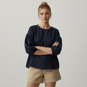 Chemise courte en lin décontractée pour femmes avec manches bouffantes Printemps Été Lavable Design simple - Product Image 6