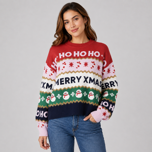 Women's Oversized Christmas <strong>Jumper</strong> Knitwear <strong>Red</strong> White <strong>Green</strong> <strong>Striped</strong> Snowman Pattern Ugly Christmas Sweater Custom Manufacturer - Product Image 1