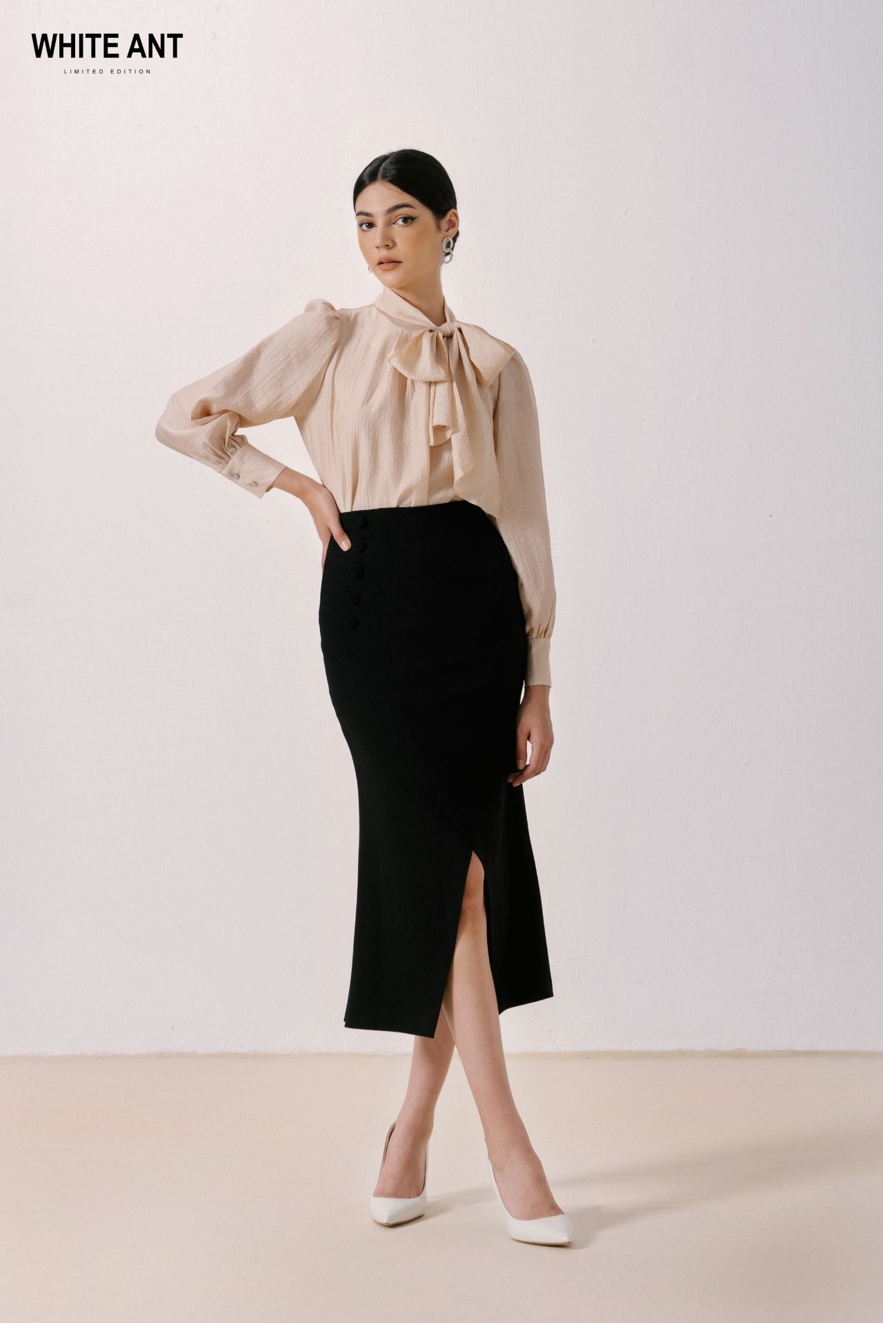 Black Long Women's Skirts A-line Skirt REBECCA FISHTAIL MIDI SKIRT With  Front Split 85%Polyester 15%Spandex WHITE ANT Vietnam