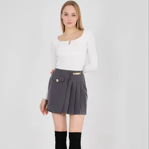 Gray Silver Buckle Button Detailed Skirt Detailed Mini Skirt Zipper Detailed Women's Skirt Mini