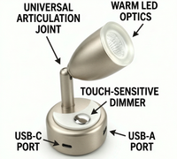 Lampe murale LED intérieure pour caravane 12V, tactile et dimmable, lampe de lecture pour camping-car, col de cygne flexible, double chargeur USB pour camping-car